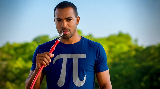 Young man in Pi symbol shirt holds hookah hose outdoors
