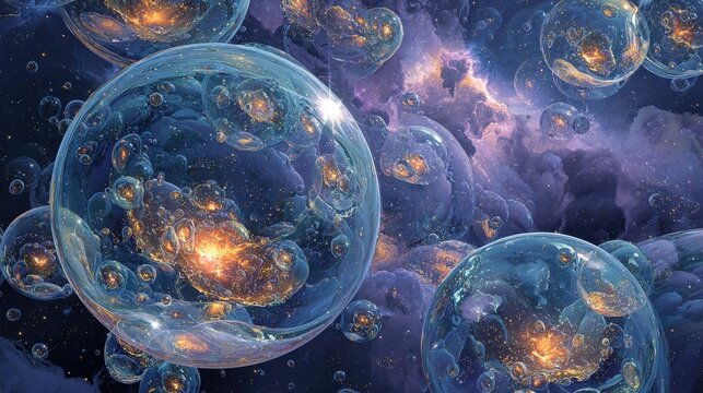 Glowing orbs containing cosmic scenes drift in a nebular expanse