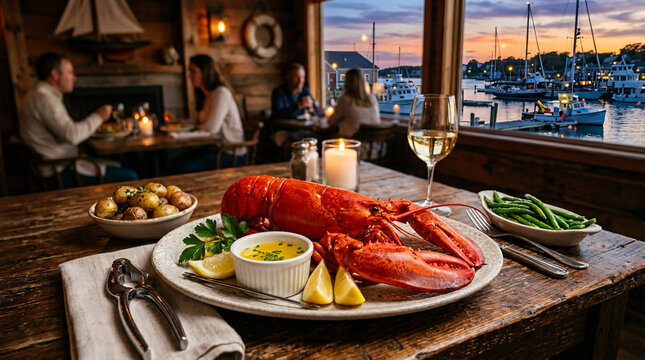 Elegant whole lobster dinner served in a cozy waterfront restaurant at twilight.