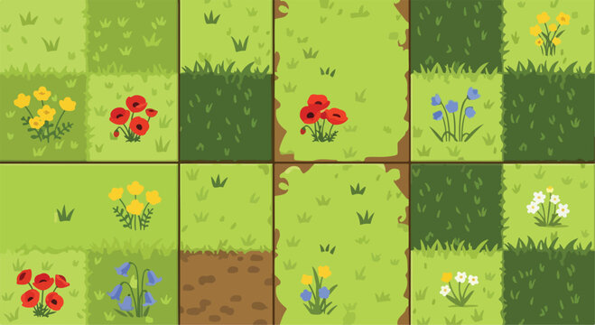 Seamless grass texture tiles with spring flowers, flat cartoon meadow landscape backgrounds, green field game assets for environment design