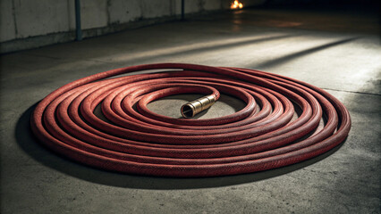 Fototapeta premium Red fire hose coiled in a perfect spiral on a concrete floor