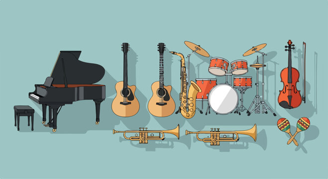 Various musical instruments on a green background