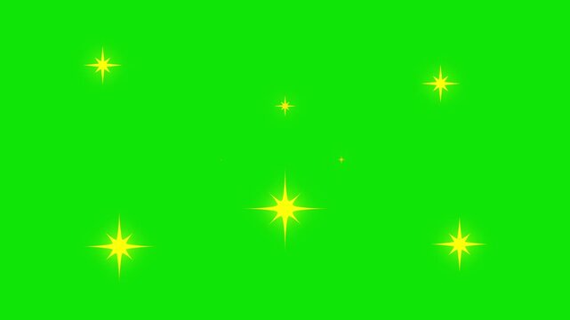 Sparkling stars Shine animation Twinkle star glitter sparkle, white cartoon, flat, vector, doodles style stars blinking, glitter on green screen background, night sky. Glowing stars sparkle on yallow