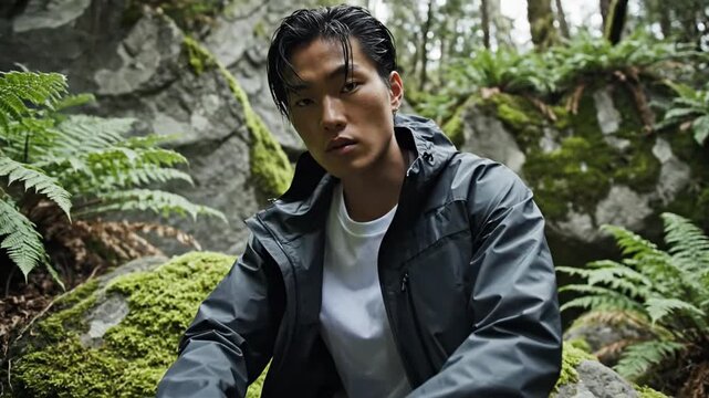 Young Asian man in dark jacket sitting on mossy rocks in forest