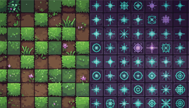 Pixel art game tileset, green grass and brown earth ground textures, glowing magic star icons and UI elements for RPG level design, vector set
