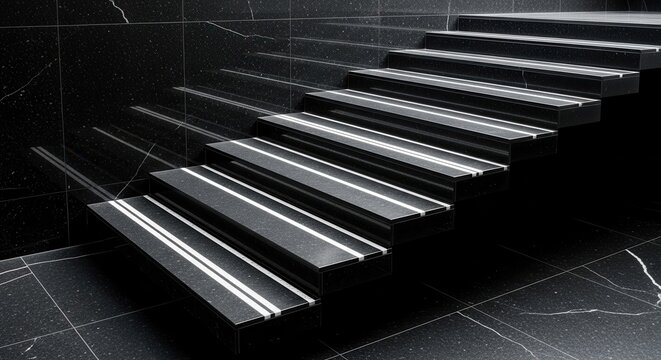 Dark polished granite floating steps with clean linear design for a modern architectural interior