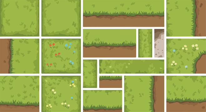 Pixel art grass tileset for game design, 2D platformer nature environment assets, green meadow and soil ground textures, cartoon landscape vector