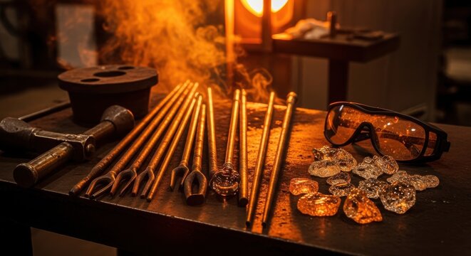 Glassblowing Tools Like Punty Rods and Jacks Laid Out in Warm Workshop Near Furnace