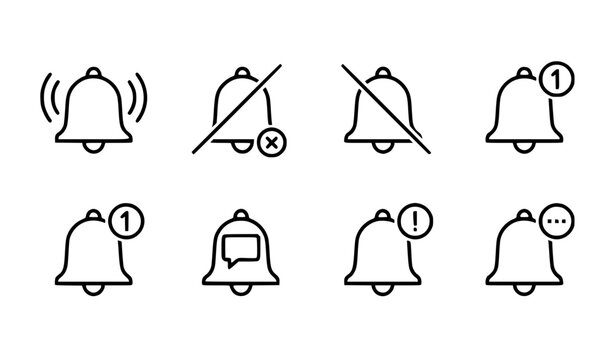 Notification bell outline icon set with ringing mute alert message and badge UI symbols vector illustration