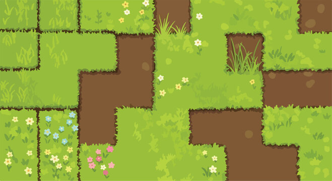 Seamless grass tile set for game design, top down meadow landscape with dirt paths, green field vector background with small flowers