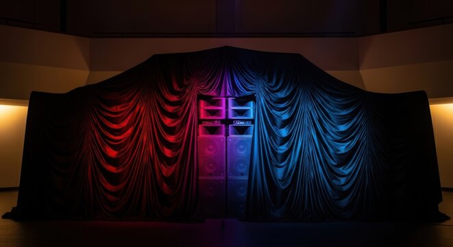 Concealed audio speaker stack under dramatic red and blue draped lighting on a performance stage