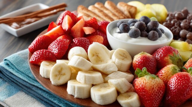 A colorful fruit platter with strawberries, bananas, blueberries, and other fruits, arranged on a wooden tray with a blue and white napkin.