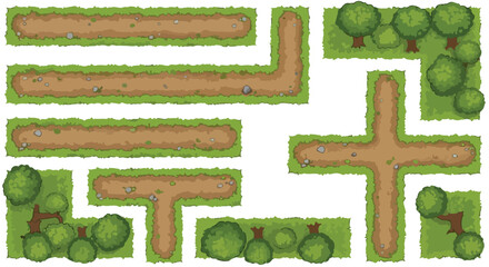 Top-down game map tileset, modular dirt path and green grass road elements, nature landscape environment vector for level design and world building © Allah k hwaly