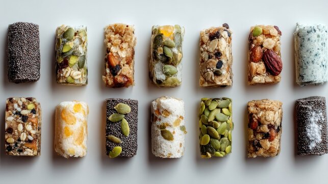A variety of colorful granola bars with nuts, seeds, and dried fruits, arranged in a grid pattern on a white background.