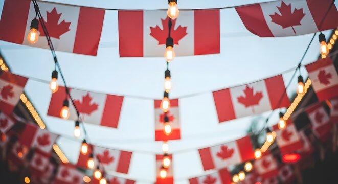 Canadian flags bunting with light bulbs decoration party outdoor.