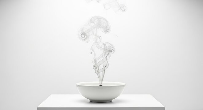 Ivory incense smoke gently wafting from a minimalist white bowl, creating an atmosphere of calm and serenity for meditation and relaxation.