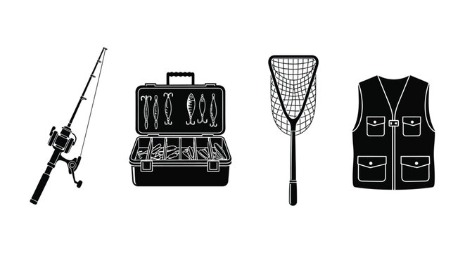 Fishing equipment set including rod tackle box landing net and vest silhouette