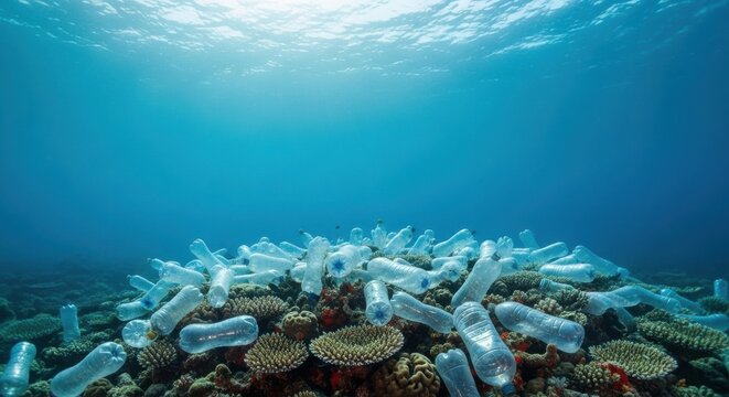 Plastic Bottles Polluting Coral Reef Underwater
