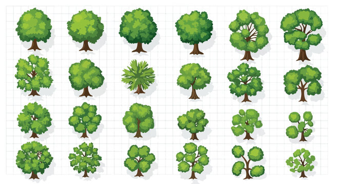 Green tree vector icons set, collection of 24 flat nature symbols for landscape design, organic forest and garden foliage elements for maps and infographics