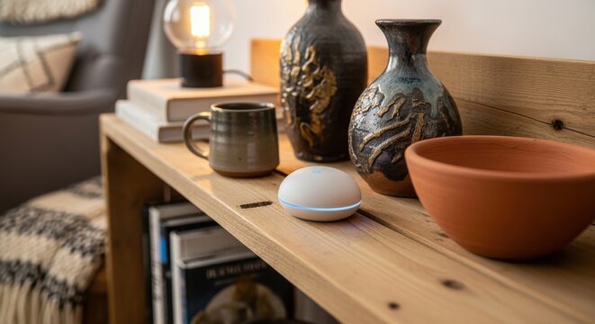 Compact smart humidity sensor with subtle blue indicator light on a wooden shelf alongside home decor items.