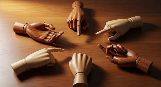 Wooden Articulated Hands Pointing in a Circle on a Table