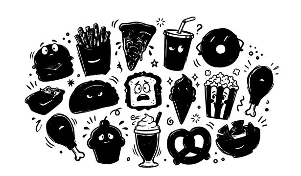 Hand drawn fast food doodle set with expressive faces trendy sketch style vector illustration collection