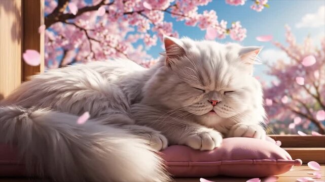 A serene white fluffy cat naps peacefully on a soft pink pillow by a sunlit window, as delicate cherry blossoms bloom outside, creating a tranquil spring scene and embodying quiet comfort