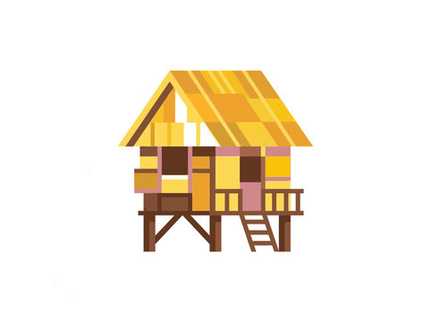 Traditional Tropical Stilt House Illustration, Bahay Kubo Bamboo Hut Design, Rustic Asian Wooden Cabin Icon Isolated on White Background for Travel and Culture