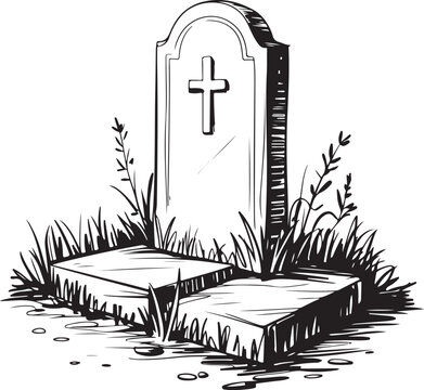 Silhouette of a senior man mourning at a grave with a heart symbol. Elderly man standing in grief by a headstone with roses in a cemetery. Vector illustration