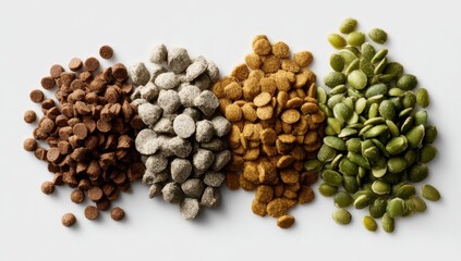 Obraz premium Four Piles of Chocolate Chips in Different Flavors and Colors.