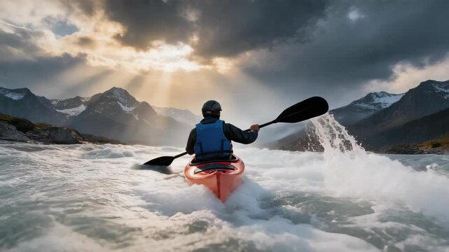 Adventurous kayaker paddling through rapids in scenic mountain landscape