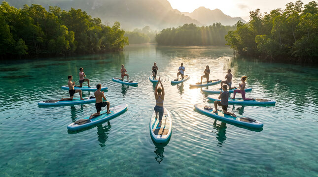 Paddleboard yoga group in circular formation, balancing on blue boards, kneeling in active pose, tropical lagoon with mangroves, fitness photography