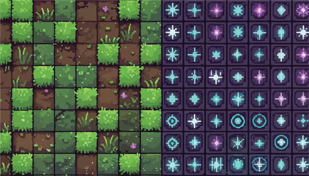 Pixel art game assets, retro 8-bit grass tiles and glowing magic icons, top-down fantasy RPG environment map and UI elements vector