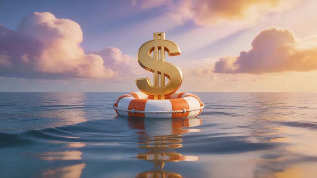 Golden dollar sign on lifebuoy floating in calm ocean at sunset