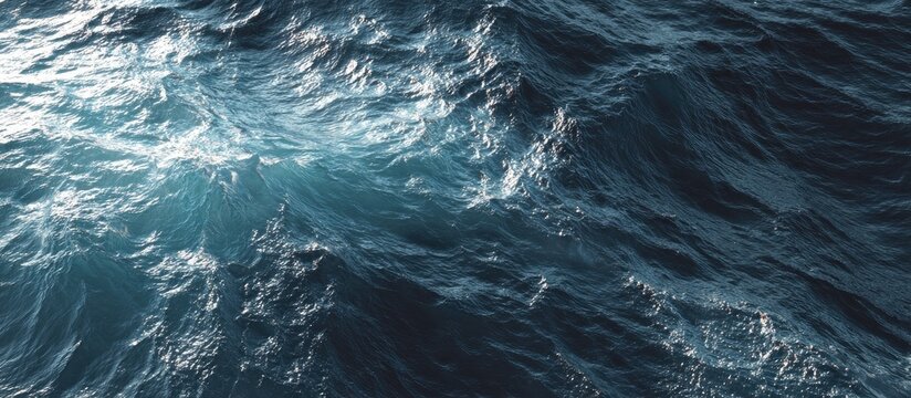 A dynamic, close-up view of choppy blue ocean waves under bright sunlight