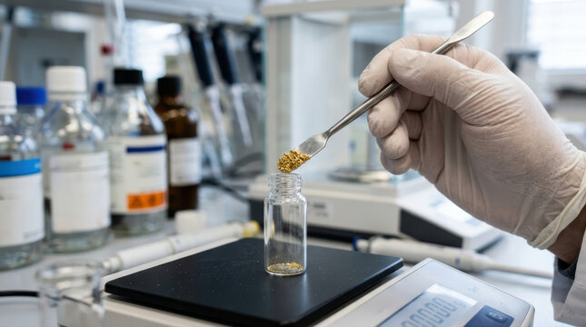 Scientist weighing gold particles in a laboratory setting
