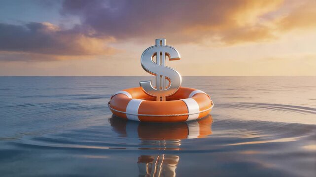 Dollar symbol floating on lifebuoy in calm ocean at sunset