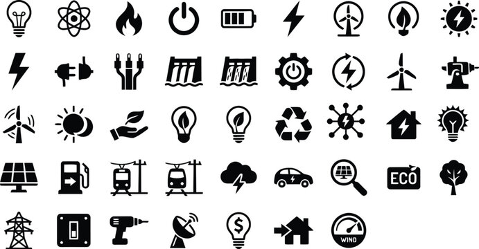 Energy and environmental icons set flat black silhouettes on white