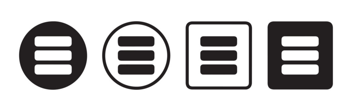 Minimalist menu icon variations in circle and square containers for website user interface layouts.