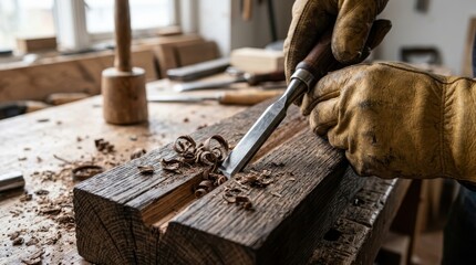 Fototapeta premium Craftsman using a chisel to carve wood in a traditional woodworking shop