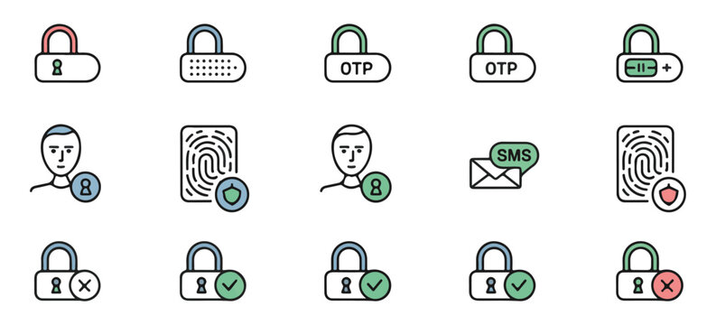 Biometric authentication and secure login icons for digital safety and identity verification set pack.