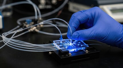 Naklejka premium Scientist working with glowing microfluidic chip in laboratory research