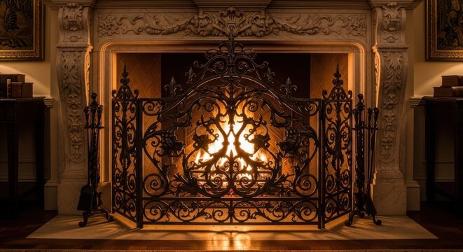 Intricate Wrought Iron Fireplace Screen with Ornate Detailing in a Warmly Lit Hearth