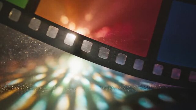 Old film strip with colorful frames and light projection