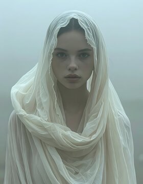 A woman in a white headscarf and gown standing in fog