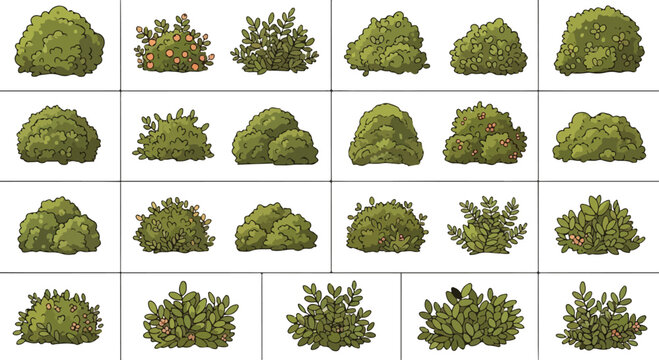 Green garden bushes and shrubbery collection, set of 23 organic plant vector icons, decorative landscape foliage for architectural visualization
