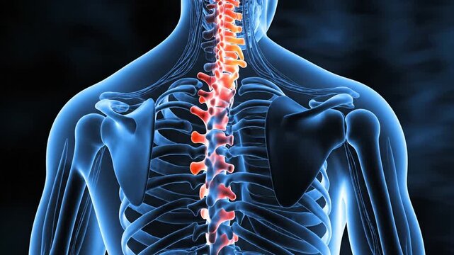 3D medical illustration of a human spine with red highlights indicating back pain and inflammation