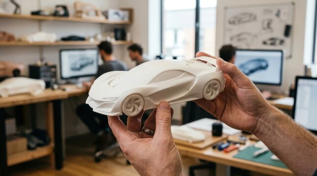 Industrial designer holding a 3d printed concept car model in a studio