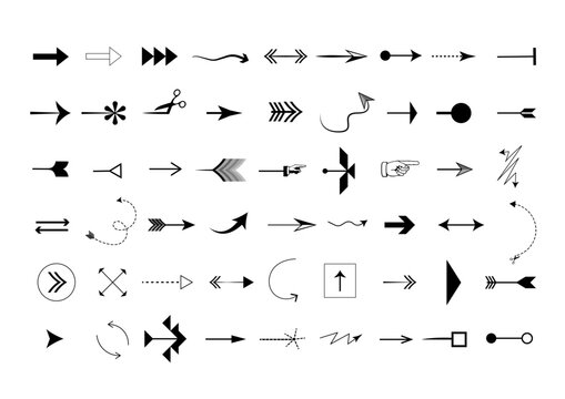 Diverse arrow silhouettes: straight, curved, dashed, double-headed, decorative, symbolic.