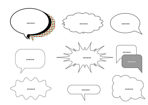 Speech bubbles in Comic-style bubbles rounded, jagged, rectangular, explosive, halftone pop-art.